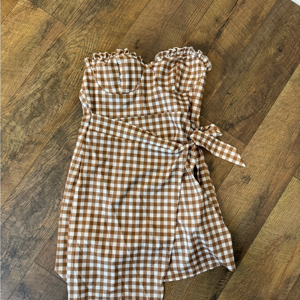 Brown Gingham Strapless romper with skirt jumpsuit